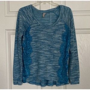 Red Camel Long Sleeve Top Blue Stripes With Lace Women's Size Large